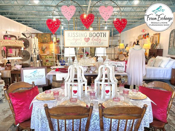 indoor kitchen set with red hearts hanging from ceiling from a business in alamo texas edc