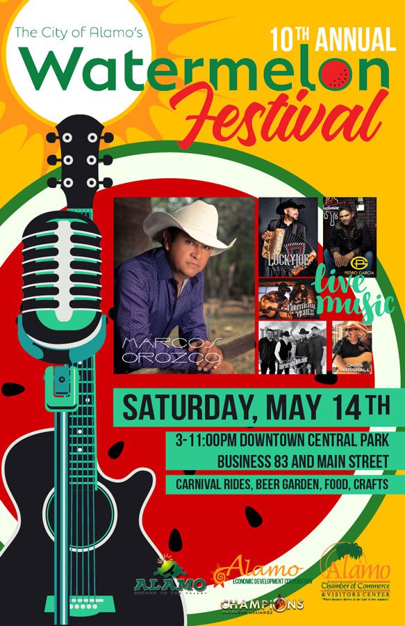 Flyer with guitar and watermelon graphics for a city of alamo festival May 14th.